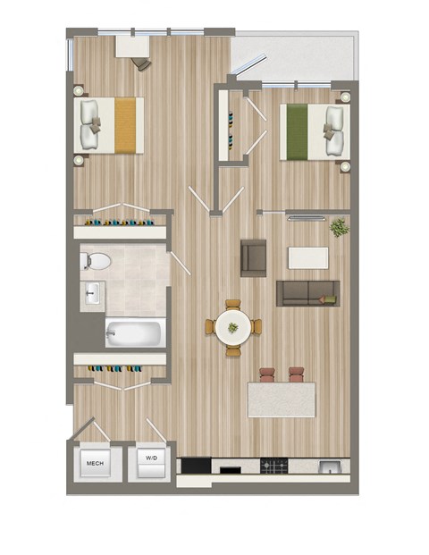 Floor plan for 2 beds, 1 bath, 792 sqft